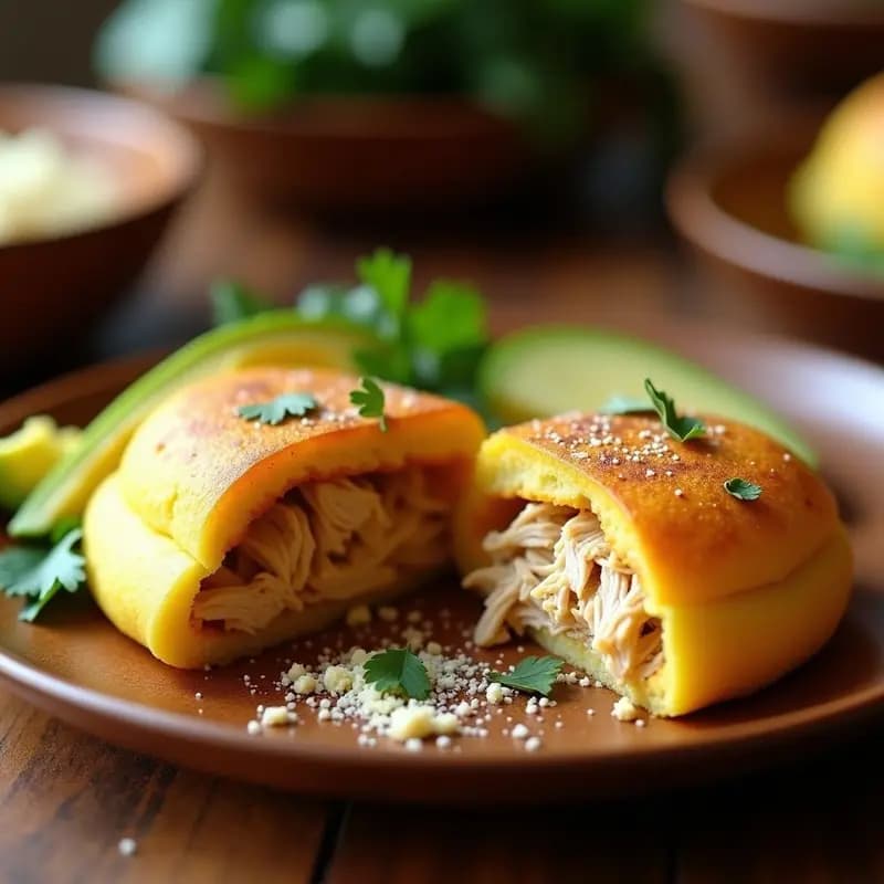 Arepa de yuca dorada y esponjosa rellena de pollo desmechado especiado, servida en plato rústico con aguacate y perejil fresco. Receta colombiana sin gluten y keto.