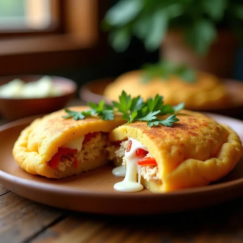 Arepa dorada de yuca rellena de pollo desmenuzado y queso mozzarella derretido, servida en plato rústico con cilantro fresco y rodajas de limón, receta colombiana en sartén.