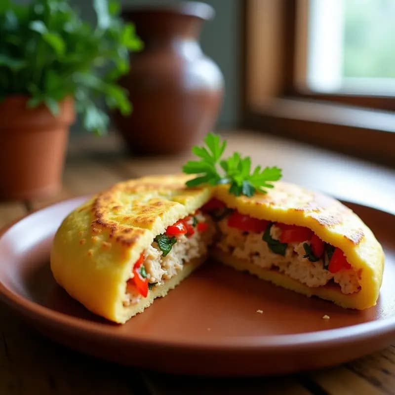 Arepa venezolana dorada de yuca abierta por la mitad, rellena de pollo desmenuzado especiado con ají dulce y cilantro, servida en plato de barro con fondo rústico.