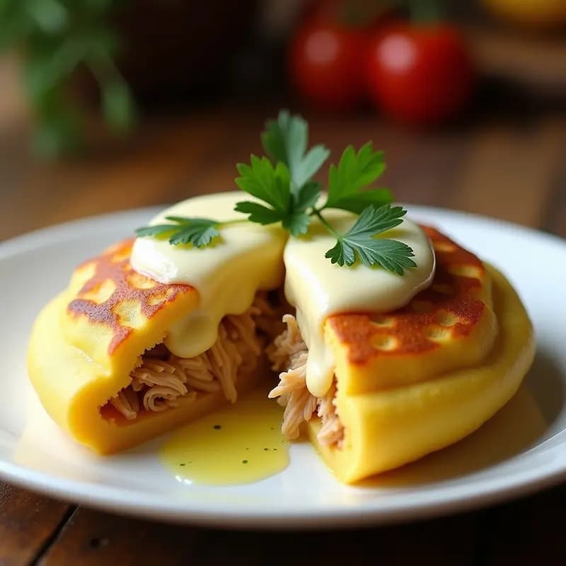 Arepa de yuca dorada rellena de pollo desmechado jugoso y queso mozzarella derretido, servida en plato blanco con perejil fresco. Receta venezolana rápida y sin gluten.