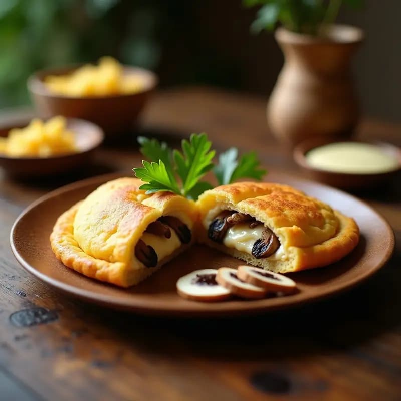 Arepa de yuca dorada y crujiente rellena de queso de anacardos cremoso y champiñones salteados, servida en un plato rústico con perejil fresco y salsa de queso vegano al lado. Receta de aperitivo venezolano vegano y sin gluten.