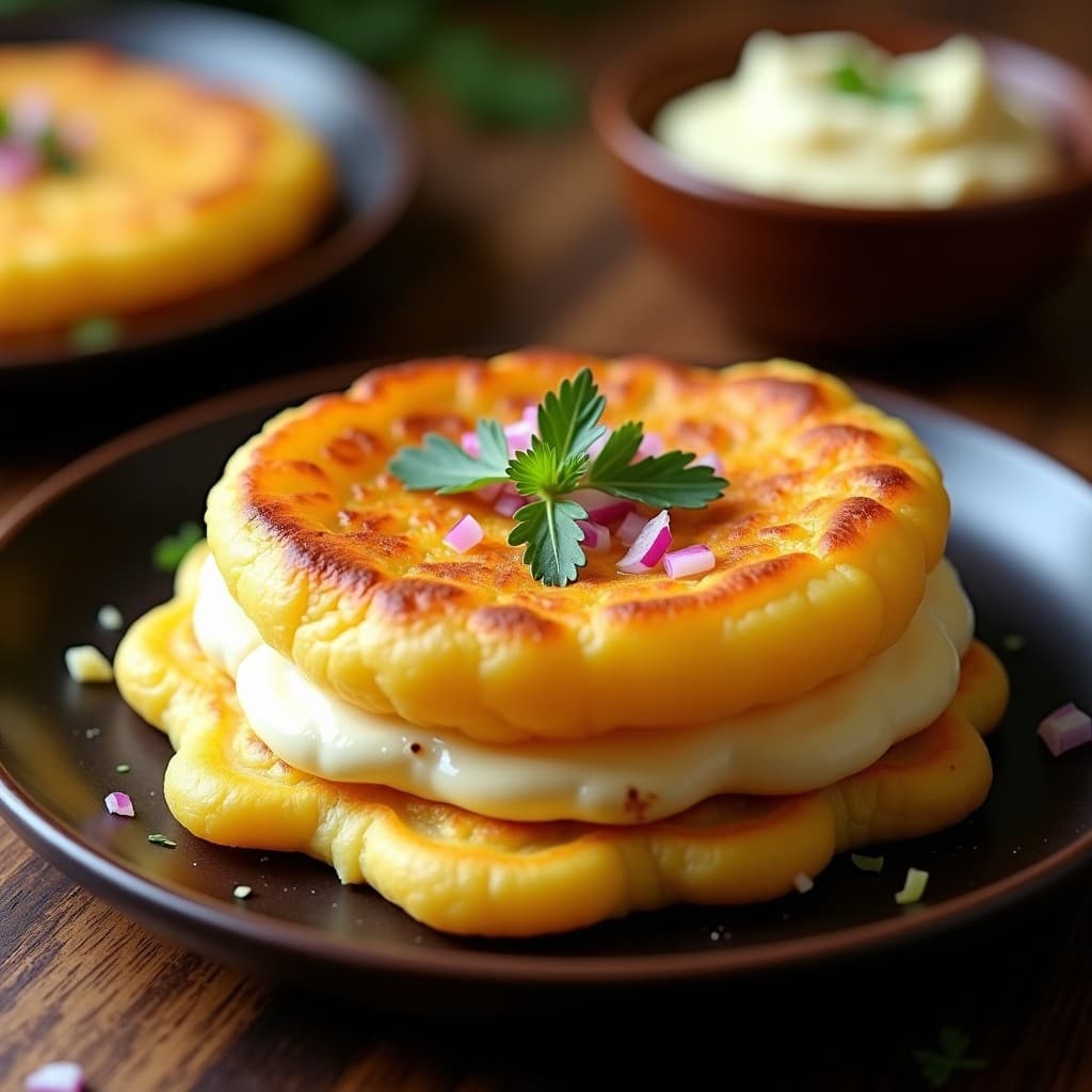 Arepa dorada de yuca con vetas de queso de anacardos cremoso, servida en plato rústico con cilantro fresco y cebolla morada picada, receta colombiana sin lácteos y sin horno.