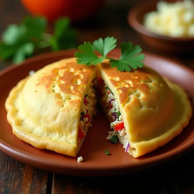 Arepa dominiqueña dorada y crujiente abierta por la mitad, mostrando su relleno de bacalao desmigado con cebolla morada y pimiento rojo, acompañada de cilantro fresco y queso de cabra fundido, sobre un plato de barro rústico con fondo de madera oscura.