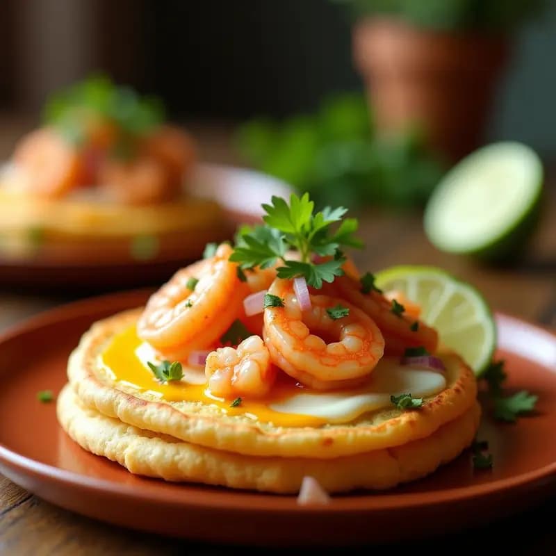 Arepa dorada de yuca rellena de queso de búfala derretido, coronada con ceviche de camarón fresco en trozos, cebolla morada, cilantro y toques cítricos de limón y maracuyá. Plato gourmet colombiano servido en vajilla rústica de barro con fondo desenfocado.