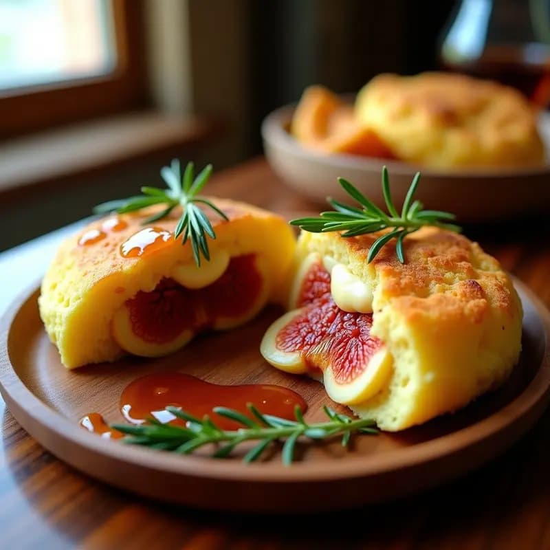 Arepa dorada y crujiente de yuca abierta por la mitad, rellena de queso de búfala cremoso y higos frescos caramelizados con miel, servida en un plato de madera rústico con un hilo de vinagre balsámico y romero fresco. Receta venezolana dulce-salada en airfryer.
