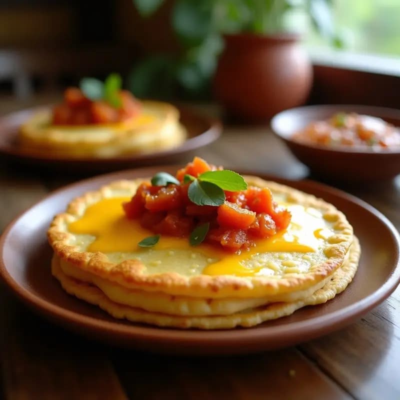 Arepa dorada y crujiente de yuca rellena de queso de cabo desmenuzado, servida en plato rústico con abundante hogao rojo por encima y rodajas de aguacate al lado. Receta colombiana sin harina de maíz.
