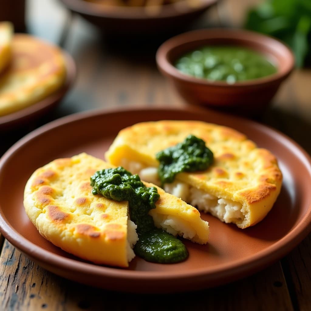 Arepa dorada de yuca y queso de cabra en airfryer, cortada por la mitad mostrando su interior esponjoso, acompañada de salsa de chimichurri verde brillante sobre un plato de barro.