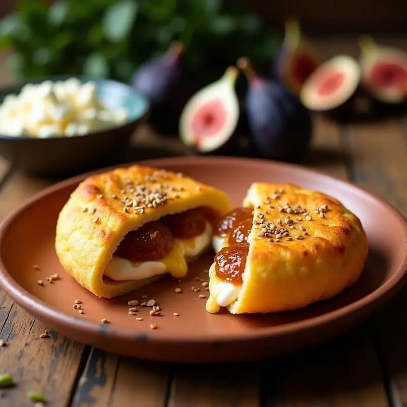 Arepa dorada de yuca rellena de queso de cabra cremoso y higos caramelizados, servida en plato rústico de barro con fondo borroso de cocina tradicional.