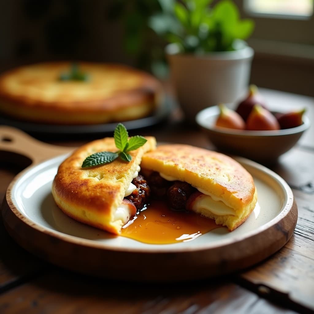 Arepa dorada de yuca con vetas de queso de cabra fundido, cortada por la mitad para mostrar el relleno de higos caramelizados brillantes. Plato servido sobre tabla de madera rústica con hojas de menta y miel goteando.