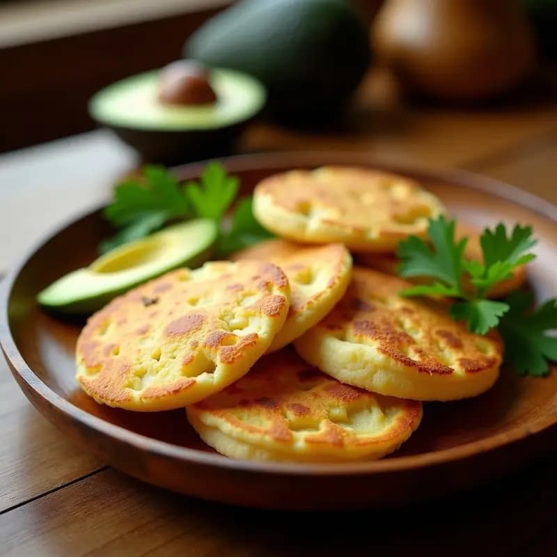Arepa de yuca y queso de cabra dorada y crujiente, receta colombiana sin harina de trigo, servida en plato rústico con cebollín picado y aceite de oliva.