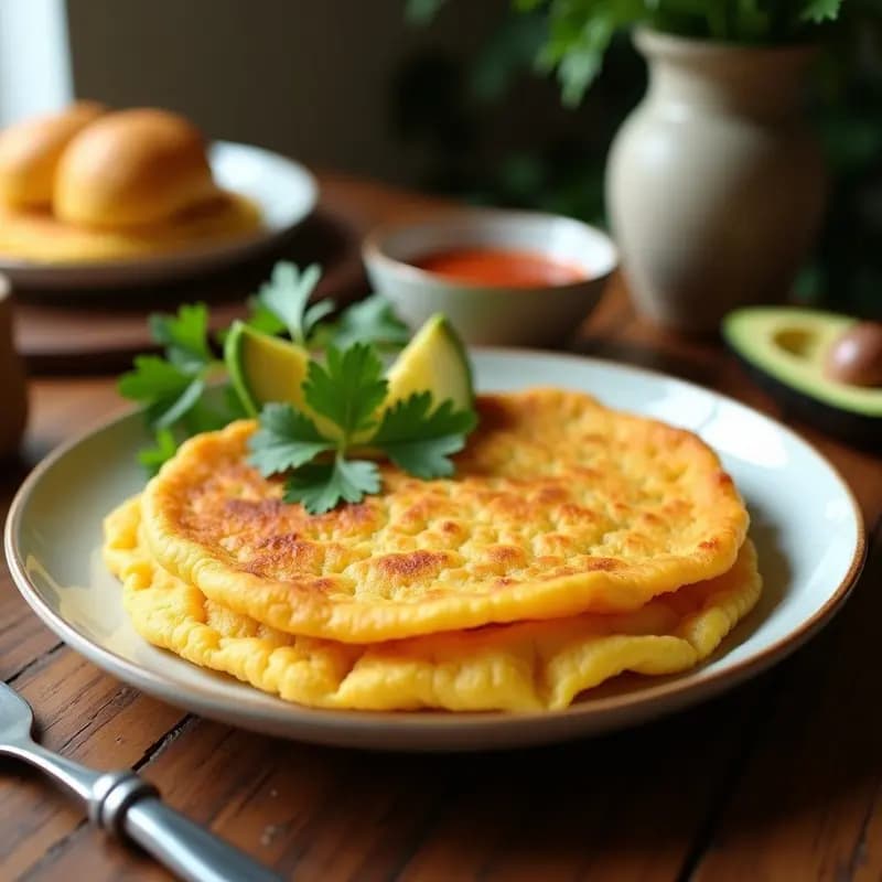 Arepa colombiana dorada y crujiente de yuca y queso costeño, servida en plato rústico con trozos de cilantro fresco. Textura dorada por fuera y tierna por dentro, sin harina, preparada en sartén antiadherente.