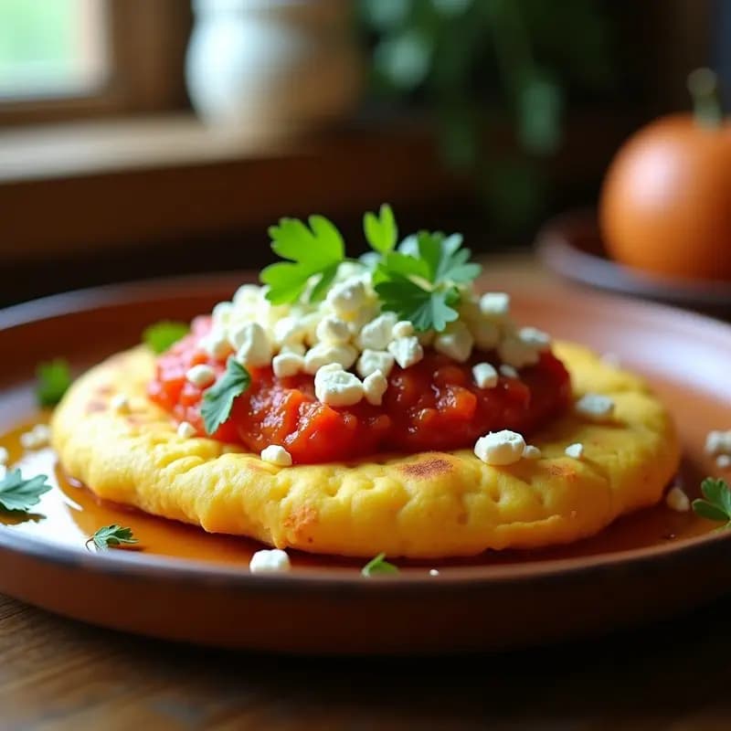 Arepa dorada y crujiente de yuca con queso feta derretido y hogao colombiano espeso, servida en un plato de barro con cilantro fresco y aceite de oliva, receta sin gluten en airfryer.