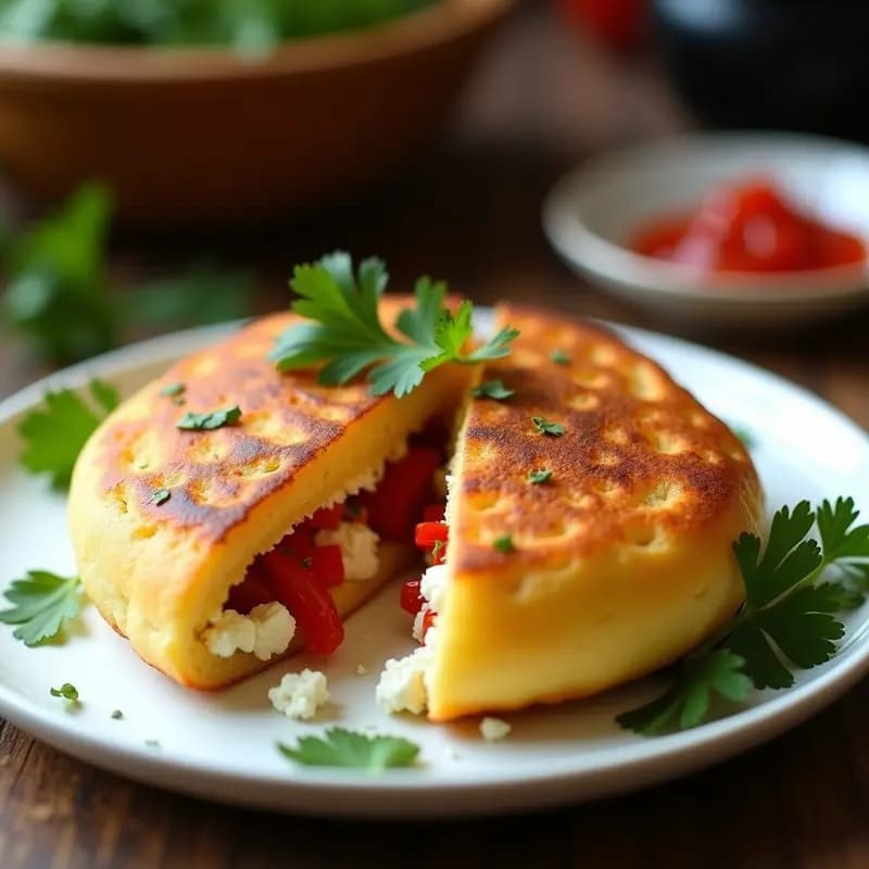 Arepa de yuca dorada y crujiente rellena de queso feta desmenuzado y tiras de pimiento rojo asado, servida en un plato de cerámica blanca con hojas de perejil fresco.
