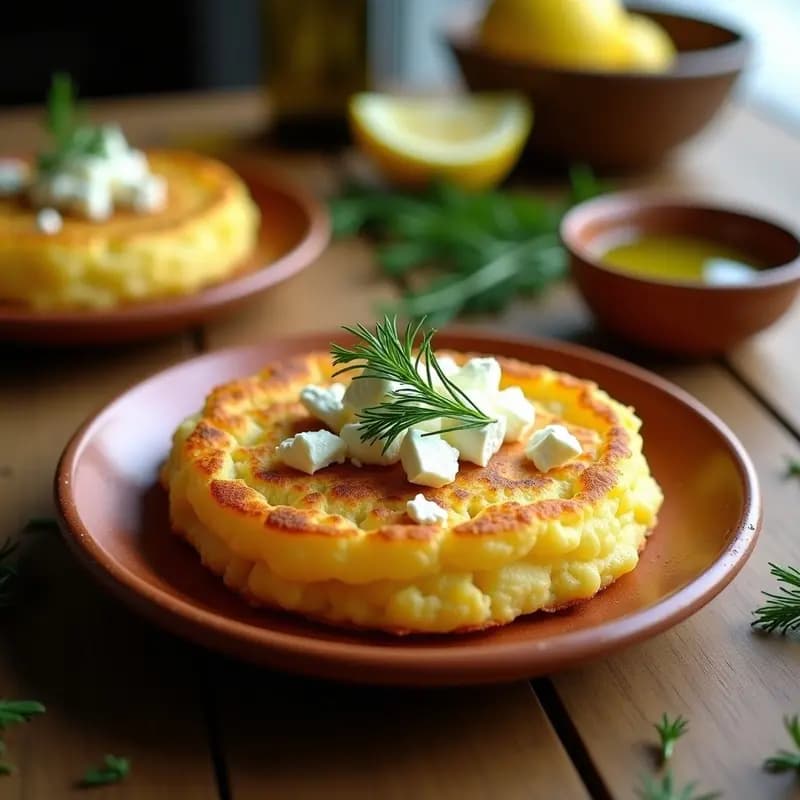 Arepa de yuca dorada y crujiente rellena de queso feta desmenuzado, con hierbas frescas visibles en la superficie. Plato rústico de barro con fondo de ensalada griega de pepino y tomate. Receta colombiana sin gluten con toque griego.