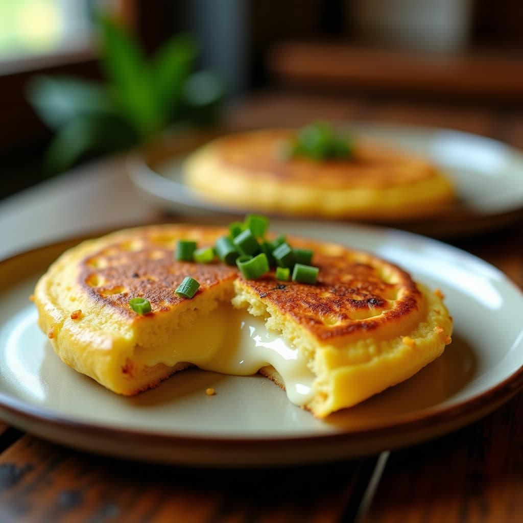 Arepa dorada de yuca recién cocinada en sartén, abierta por la mitad y rellena de queso fresco desmenuzado derritiéndose, espolvoreada con cebollín picado sobre fondo rústico de madera.