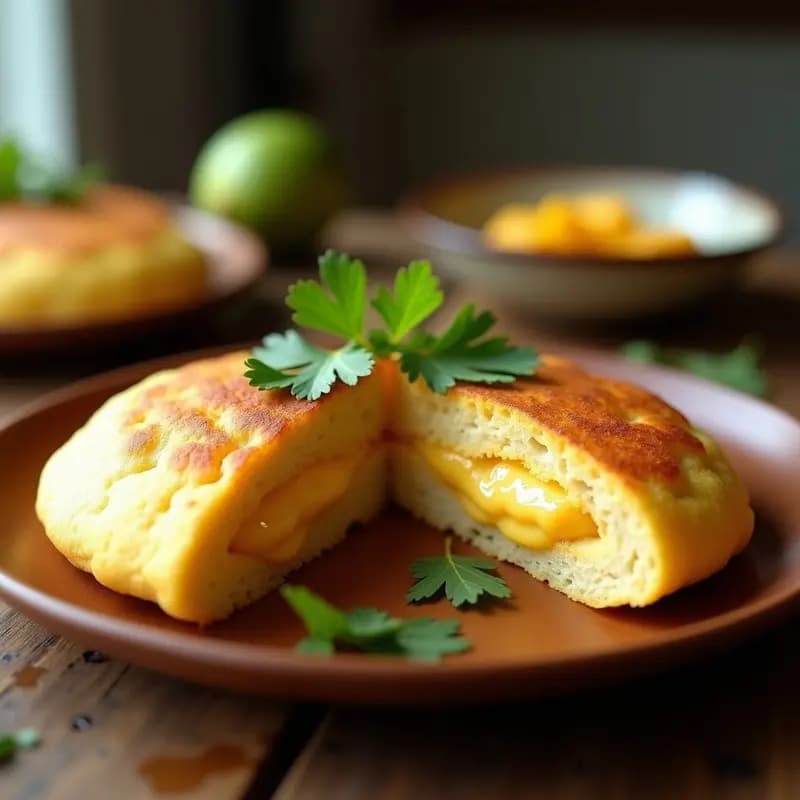 Arepa dorada y esponjosa de yuca sin harina, rellena de queso de guayaba cremoso y espolvoreada con queso fresco y cilantro, sobre fondo rústico de madera.