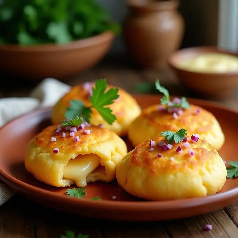 Arezpa de yuca dorada y crujiente rellena de queso guayanés derretido, servida sobre un plato rústico de barro con hojas de perejil fresco. Receta colombiana-venezolana en airfryer sin gluten.