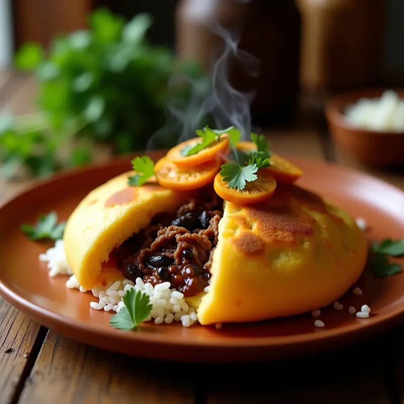 Arepa dorada de yuca rellena de queso guayanés derretido y pabellón criollo (carne mechada, caraotas negras, arroz blanco y plátano maduro frito), servida en plato rústico de barro con fondo borroso de cocina venezolana.