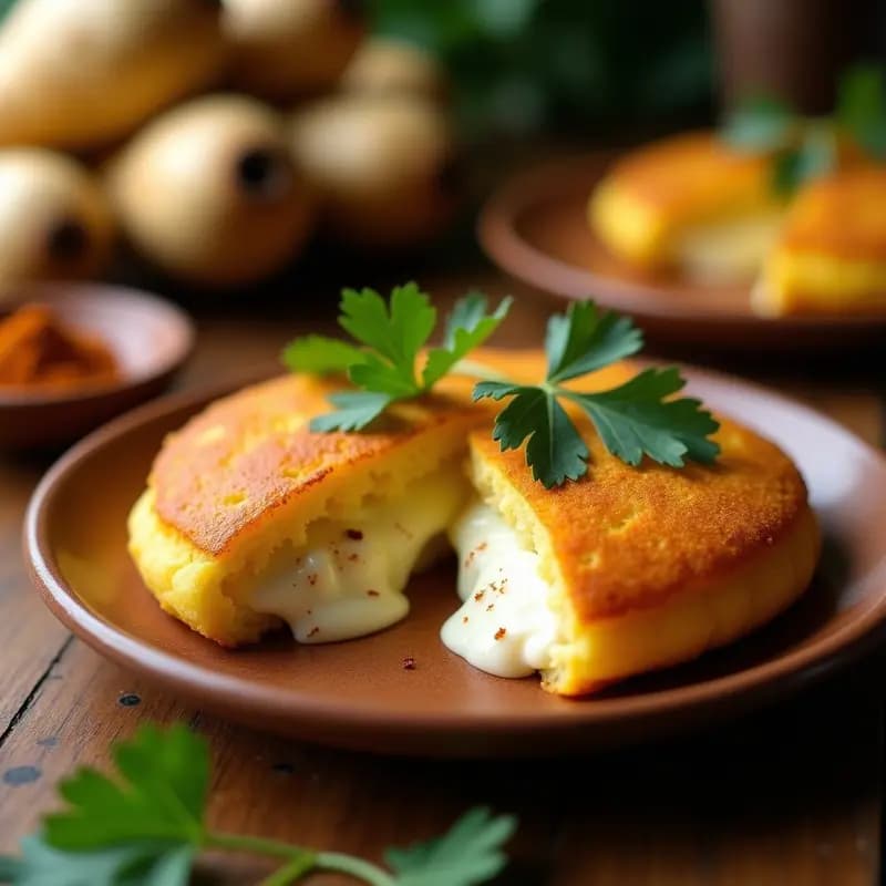 Arepa dorada y crujiente de yuca rallada rellena de queso de mandioca vegano, con textura esponjosa por dentro y superficie tostada, servida en un plato de barro rústico con hojas de cilantro fresco.