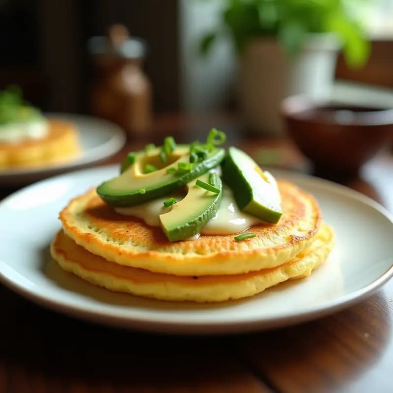 Arepa de yuca dorada y crujiente rellena de queso mozzarella derretido, servida en un plato blanco con aguacate cremoso y cebollín fresco, desayuno colombiano en airfryer.