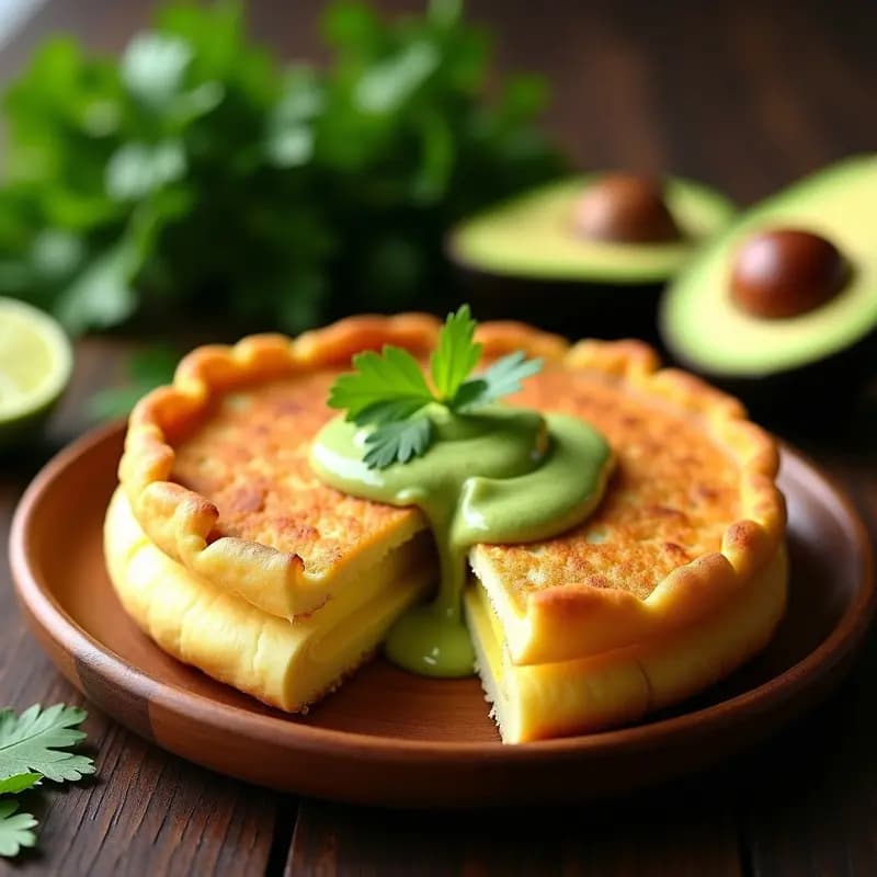 Arepa dorada y crujiente de yuca y queso palmito cortada por la mitad, mostrando su interior esponjoso, acompañada de guasacaca cremosa verde en un plato rústico de madera con cilantro fresco.