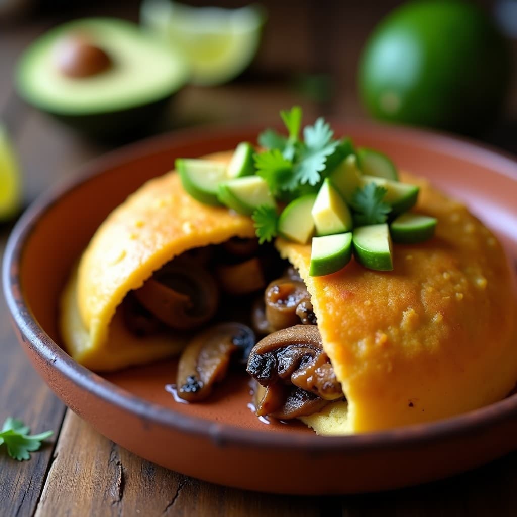 Arepa de yuca dorada y crujiente por fuera, rellena de carnitas de hongos portobello y shiitake jugosos, decorada con aguacate en cubos y cilantro fresco sobre un plato de barro rústico, receta colombiana vegana.