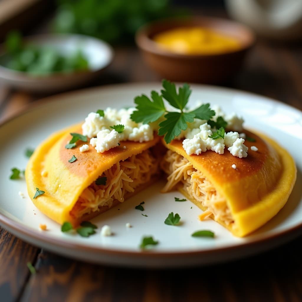 Arepa de yuca dorada y crujiente rellena de pollo al ají amarillo, con queso fresco desmenuzado y hojas de cilantro, servida en plato blanco rústico. Receta peruana sin gluten.