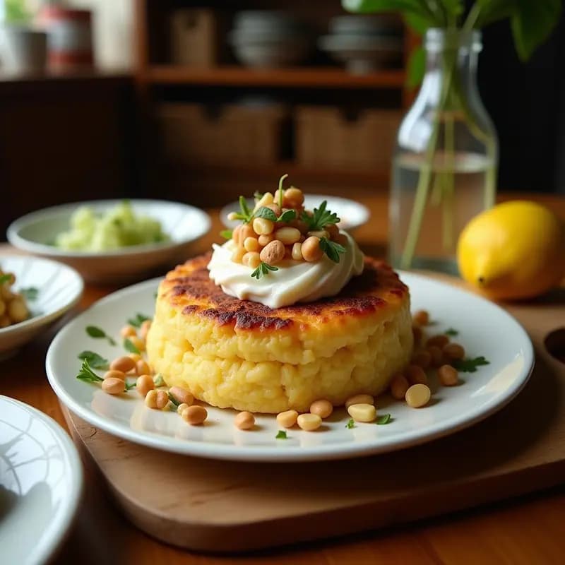 Arepa de yuca dorada y crujiente rellena de pulpa de coco cremosa y frutos secos tostados, servida en un plato de cerámica blanca con fondo rústico de madera.