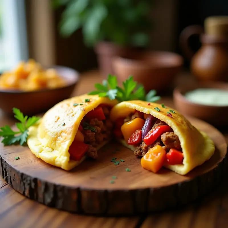 Arepa de yuca dorada y crujiente abierta por la mitad, rellena de guiso de seitán en trozos con pimientos rojos y amarillos asados, cebolla morada y perejil fresco. Plato típico colombiano sin gluten, servido sobre tabla de madera rústica con fondo borroso.