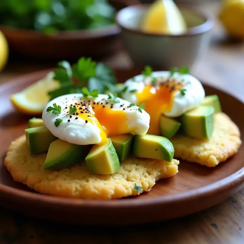 Arepas doradas y crujientes rellenas de cremoso aguacate verde con trozos visibles y huevo pochado de yema líquida y brillante, decoradas con cilantro fresco y pimienta rosa. Plato típico colombiano alto en grasas saludables, servido en un plato blanco rústico con fondo de madera oscura.