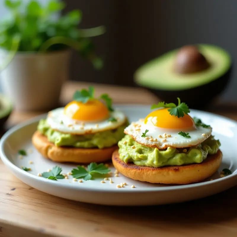 Plato blanco con dos arepas doradas abiertas, rellenas de láminas de aguacate cremoso y coronadas con huevos poché de yema líquida, decoradas con cilantro fresco y semillas de sésamo. Receta de arepas rellenas de aguacate y huevos poché, desayuno colombiano-venezolano proteico.