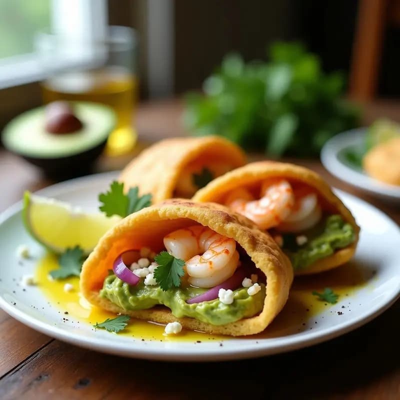 Arepas doradas y crujientes horneadas en airfryer, abiertas por la mitad y rellenas de aguacate cremoso con trozos de cebolla morada, langostinos al ajillo bañados en salsa de aceite de oliva y ajo, y queso fresco desmenuzado. Plato colorido con toques verdes de cilantro y fondo rústico de madera.