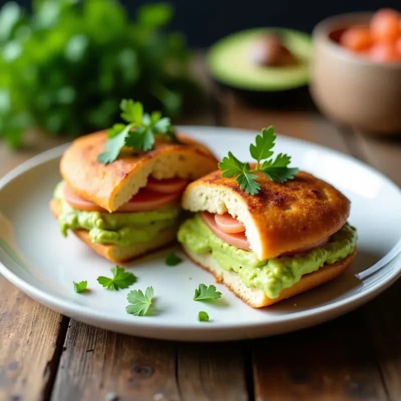 Plato con dos arepas colombianas doradas y crujientes, rellenas de cremoso aguacate verde, láminas de salmón ahumado rosa y decoradas con cilantro fresco, sobre un fondo rústico de madera. Receta rápida y alta en omega-3.