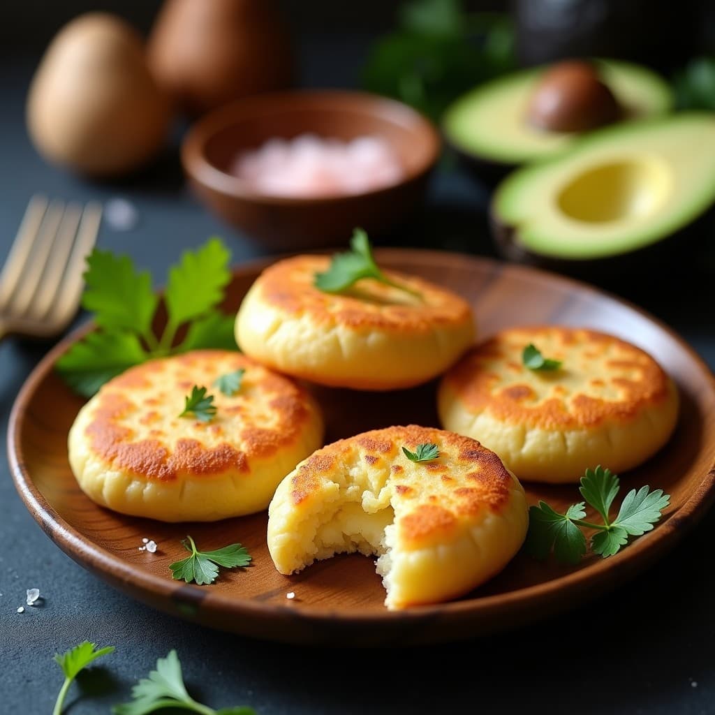 Arepas doradas y crujientes de arroz fermentado rellenas de queso de almendras, servidas en un plato de madera rústico con aguacate en rodajas y hierbas frescas. Receta colombiana sin gluten en Airfryer.
