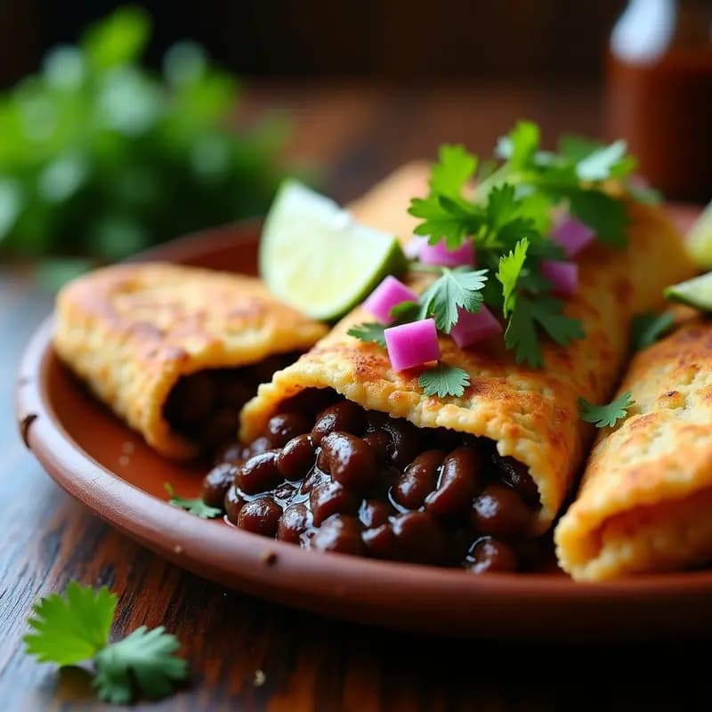 Arepas doradas de arroz integral abiertas por la mitad, rellenas de un guiso espeso de frijoles negros con trozos de cebolla y pimiento, decoradas con cilantro fresco y un chorrito de limón sobre un plato de barro rústico. Receta colombiana sin harina de maíz.