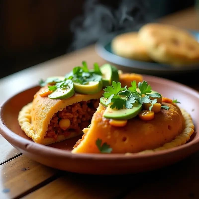 Arepas doradas de harina de arroz abiertas por la mitad, rellenas de un pabello de pescado vegano a base de jackfruit y algas, con trozos de tomate, cebolla y cilantro fresco. Plato servido sobre una mesa de madera rústica con aguacate en rodajas al lado.