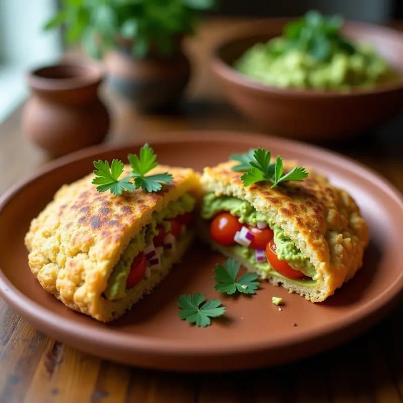 Arepas doradas de avena y semillas de chía rellenas de guacamole cremoso con trocitos de tomate y cilantro, servidas en un plato de barro con fondo rústico. Receta colombiana sin gluten.