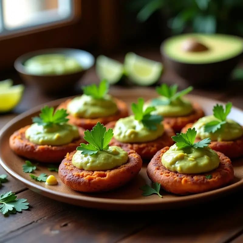 Arepas doradas de batata morada cortadas por la mitad, rellenas de queso cremoso de cáscara de anacardo y guasacaca verde con trozos de aguacate, servidas en un plato de madera rústico con fondo de hojas de cilantro.