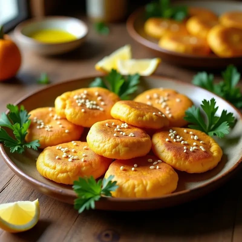 Arepas doradas de calabaza y queso feta sin gluten, con semillas de sésamo por encima, servidas en un plato de madera rústico con perejil fresco y rodajas de limón al lado. Receta colombiana con toque griego.