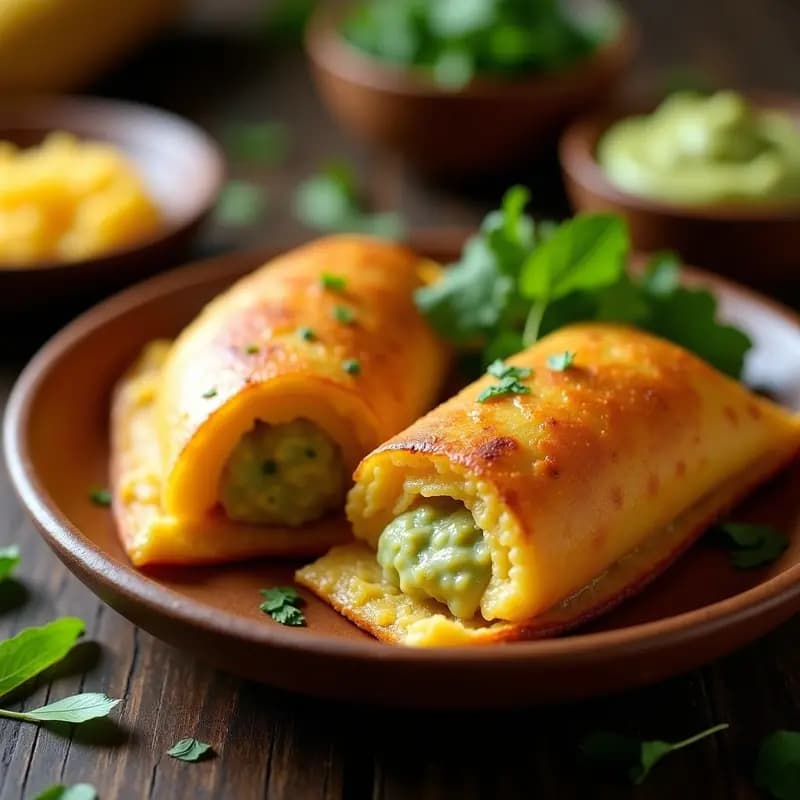 Arepas doradas y crujientes rellenas de carimañola de plátano maduro y queso farming vegano cremoso, servidas en un plato de madera rústico con hojas de plátano de fondo. Receta colombiana vegana y sin gluten.