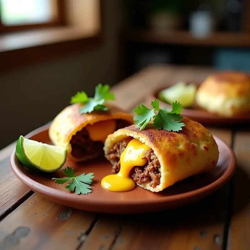 Arepas doradas y crujientes rellenas de carnitas jugosas y queso Oaxaca derretido, servidas en un plato rústico de barro con cilantro fresco y rodajas de limón al lado. Receta de fusión colombiana-mexicana preparada en airfryer.