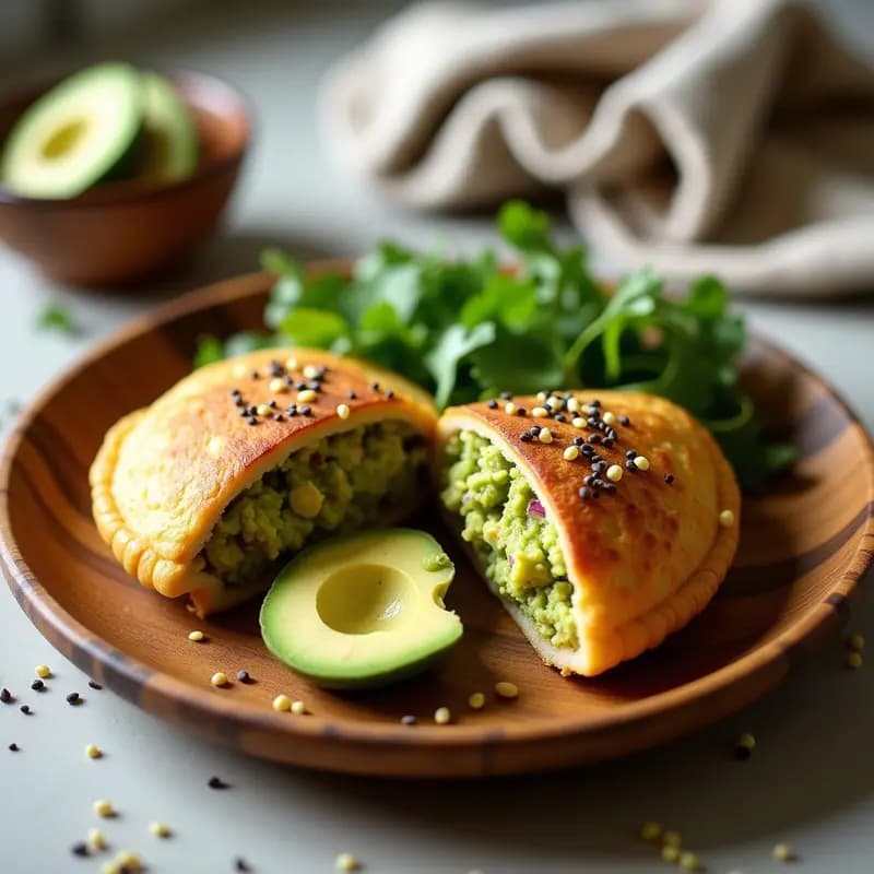Plato de madera rústico con dos arepas de chía doradas y abiertas, rellenas de aguacate cremoso con trozos de cebolla morada y cilantro. Decoradas con semillas de sésamo negro. Receta colombiana sin gluten y rica en omega-3.