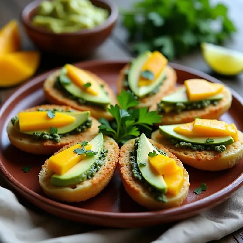 Plato con dos arepas doradas de chía y espinacas, rellenas de guacamole de mango cremoso y colorido, decoradas con semillas de sésamo y cilantro fresco, sobre fondo rústico de madera.