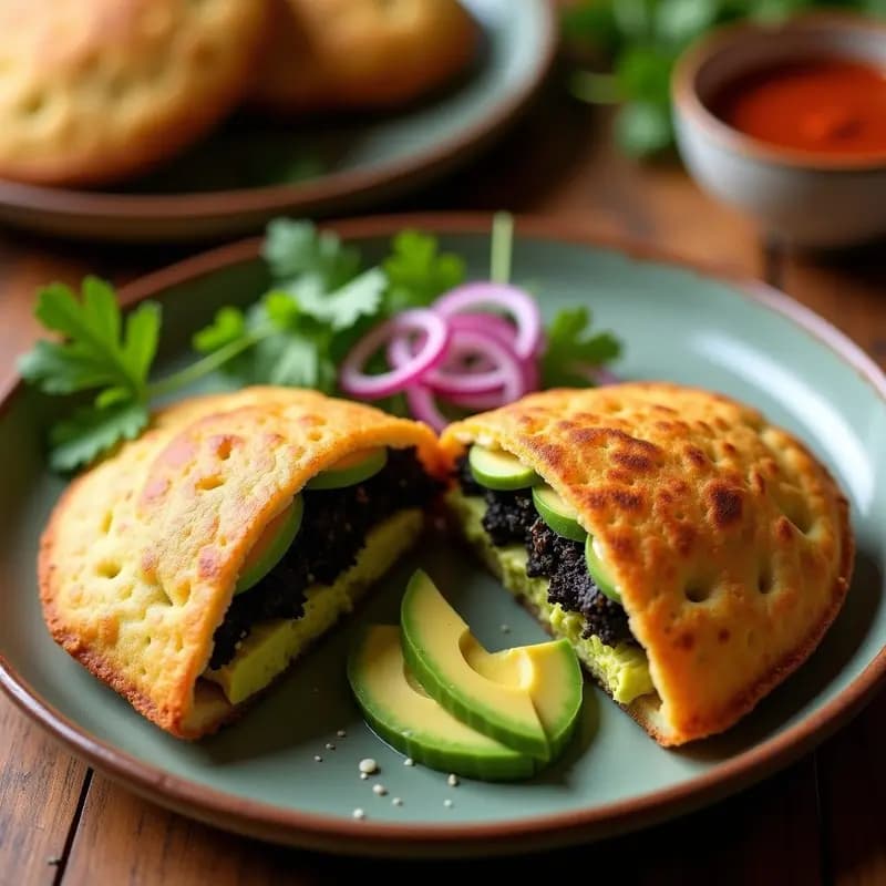 Arepas doradas de chía y harina de garbanzo abiertas por la mitad, rellenas de cremoso aguacate machacado y una mezcla colorida de huevas de soja, cebolla morada y tomate fresco. Servidas en un plato rústico de barro con rodajas de limón al lado.