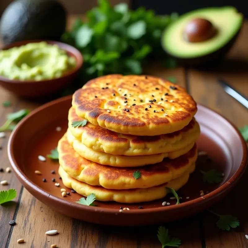 Arepas doradas y crujientes de chía y queso de anacardo keto, apiladas en un plato de barro rústico con semillas de chía y sésamo espolvoreadas, acompañadas de aguacate en rodajas y hojas de cilantro fresco. Desayuno colombiano sin gluten y vegano.