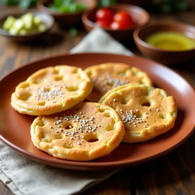 Arepas doradas y crujientes de chía y queso de anacardos keto sin harina, apiladas en un plato de barro rústico con aguacate en cubos y semillas de sésamo espolvoreadas, sobre un fondo de madera oscura con hierbas frescas.