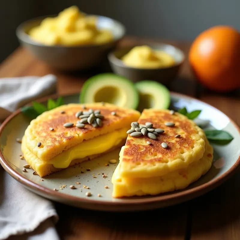 Arepas doradas de chía con textura esponjosa, rellenas de queso cremoso de cáscara de piña vegano, servidas en un plato de barro con semillas de girasol en la superficie y rodajas de aguacate al lado.