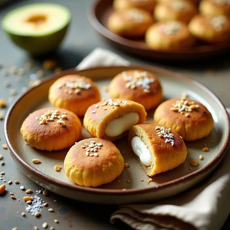 Arepas doradas de chía y quinoa abiertas por la mitad, rellenas de crema de guanábana de color blanco cremoso, decoradas con hojas de menta fresca sobre un plato de barro rústico. Desayuno colombiano sin harina, saludable y vegano.