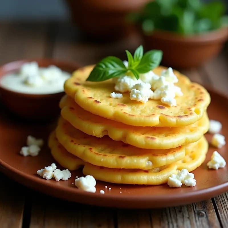 Arepas colombianas doradas de choclo y queso campesino, con textura esponjosa y costra crujiente, servidas en plato rústico de barro con hojas de bijao como decoración, receta dulce y salada tradicional.