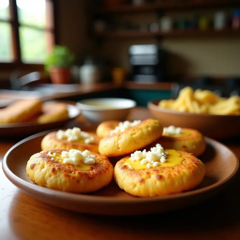 Arepas de choclo con queso Costa Rica doradas y crujientes, servidas en un plato de madera rústico con trozos de queso palmito derretido en la superficie, fondo borroso de cocina tradicional tica.